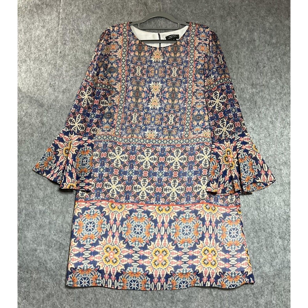 Tahari Arthur S Levine Dress Womens 10 Blue Floral Shift Bell Sleeve Boho Resort